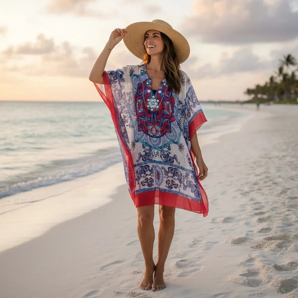 Kristals Poncho Kimono Kaftan Beach Cover-up Beaded Top Sz L #253H